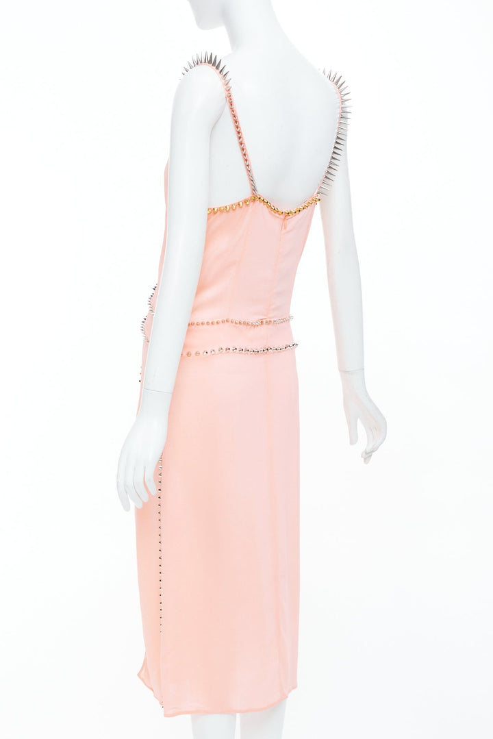 rare MIU MIU 2021 pink punk spike studded embellished plunge neck dress IT36 XXS