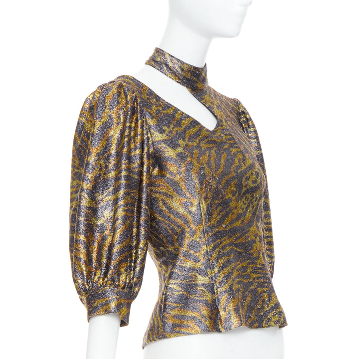 GANNI gold metallic tiger lurex lame puff sleeve cut out top FR36 S