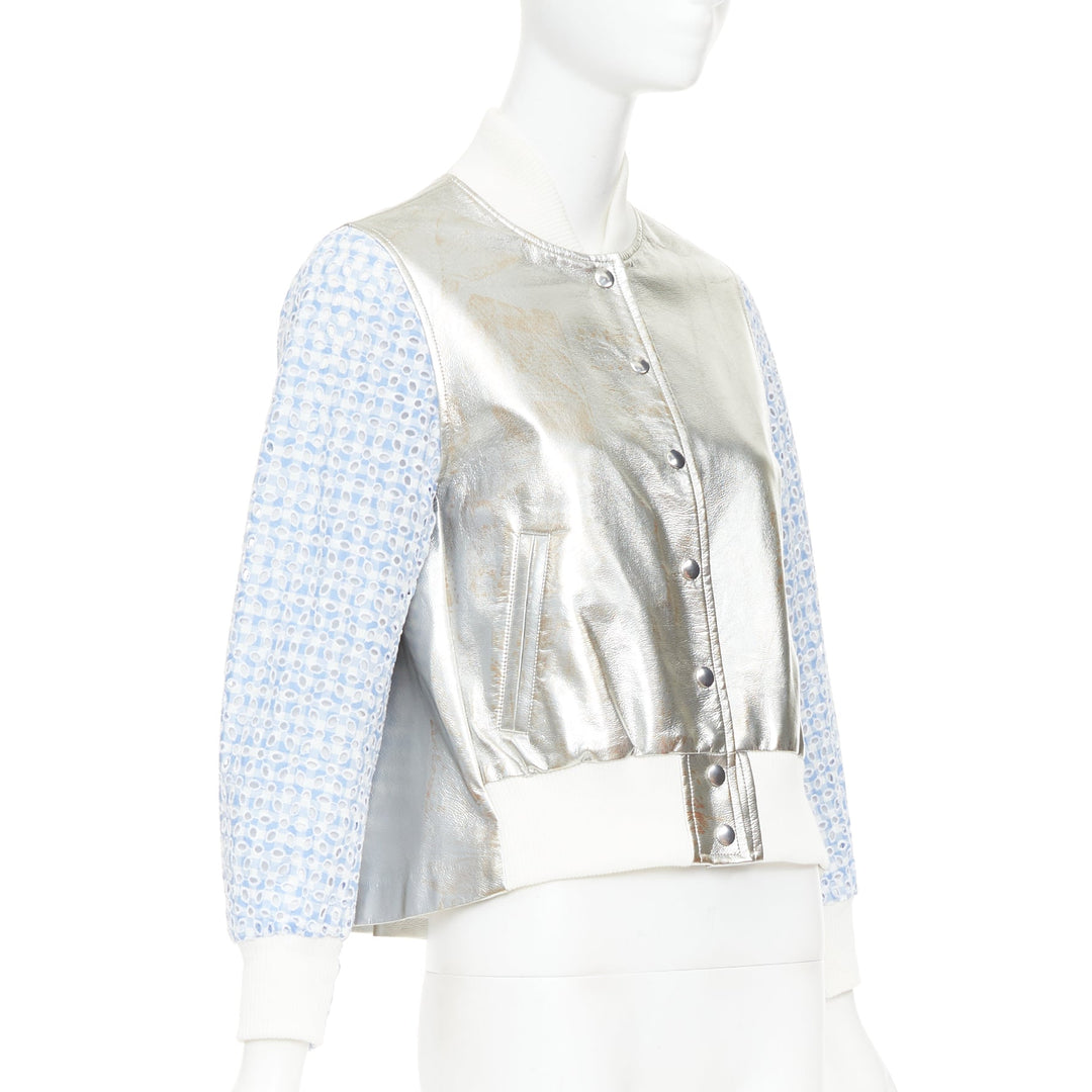 SACAI LUCK blue check embroidery anglais metallic flared varsity jacket JP1 S