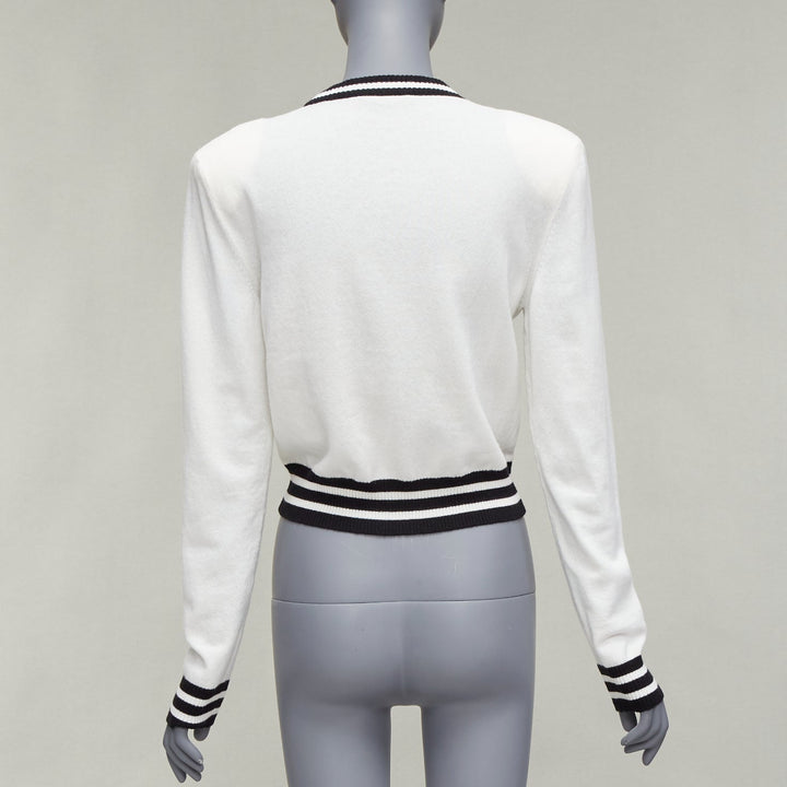 BALMAIN cream black wool cashmere logo padded shoulder sweater FR34 XS