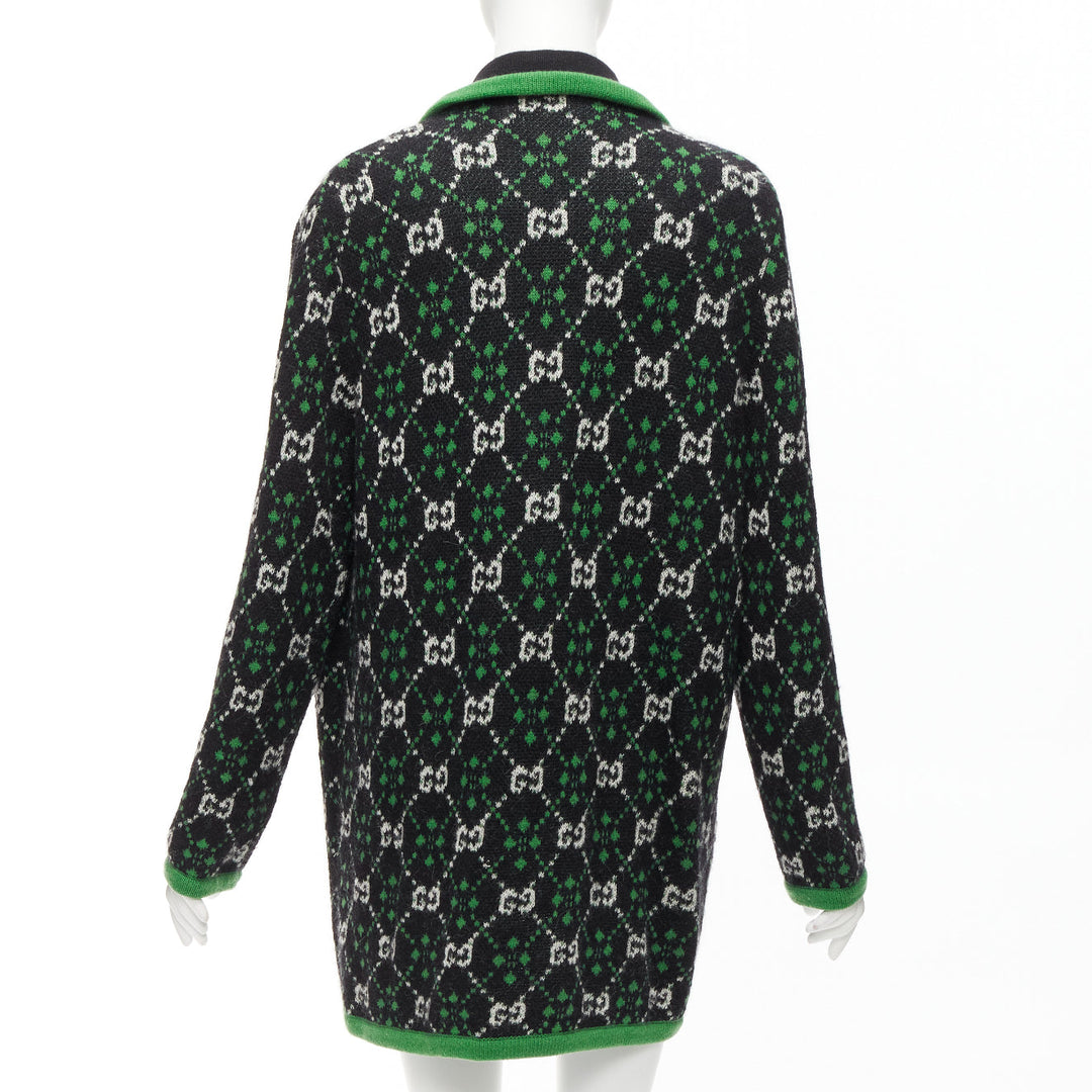 GUCCI 2018 white black GG monogram alpaca wool green trim knit coat S
