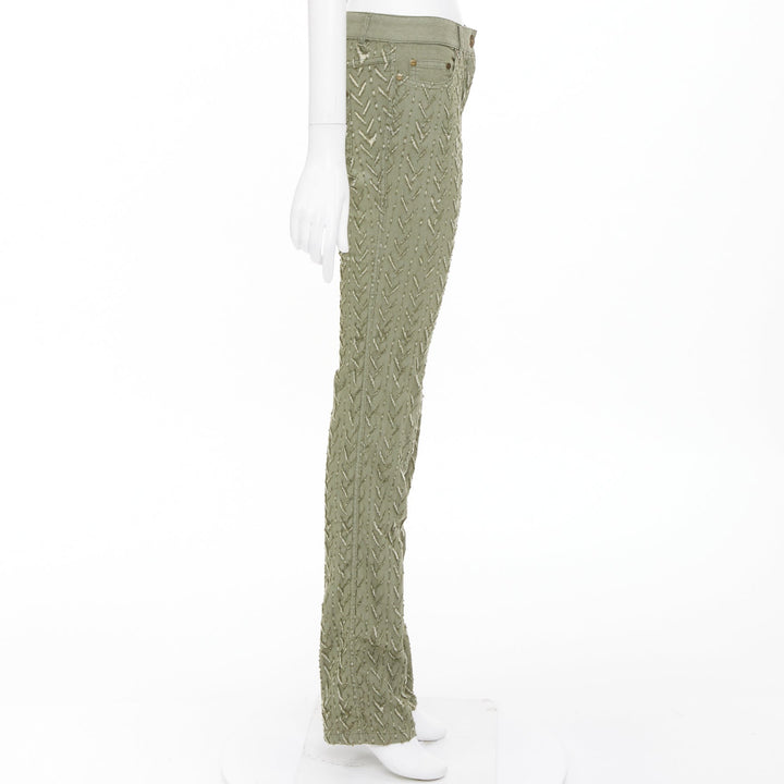 ALEXANDER MCQUEEN 2002 khaki green distressed cotton chevron jeans IT38 XS