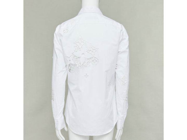 LOUIS VUITTON 2020 Runway Broderie Anglaise Flower Slim white LV eyelet shirt L