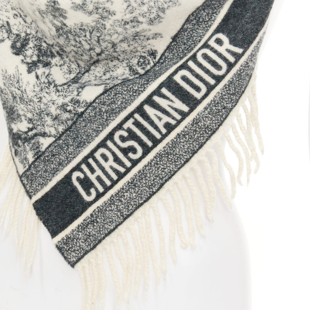 DIOR 2019 Toile De Jouy black cream wool large fringed blanket shawl throw