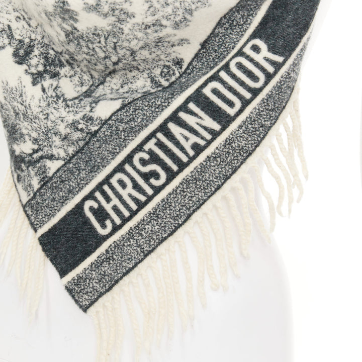 DIOR 2019 Toile De Jouy black cream wool large fringed blanket shawl throw