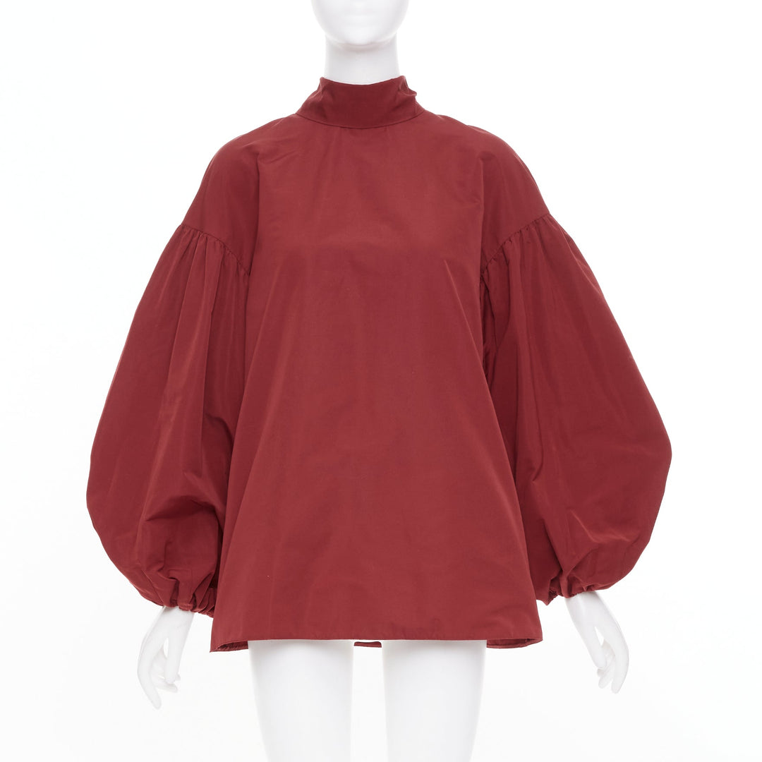 VALENTINO dark red cotton mock neck oversized volume puff sleeve top IT40 S