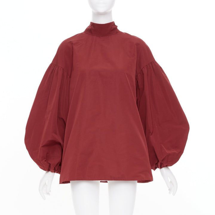 VALENTINO dark red cotton mock neck oversized volume puff sleeve top IT40 S