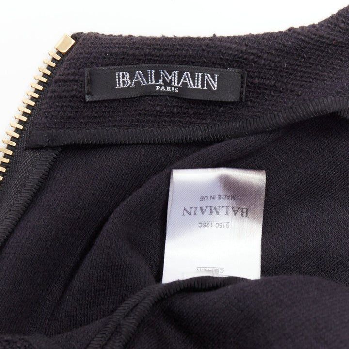 BALMAIN black cotton tweed gold Lionhead button zip back top FR38 M