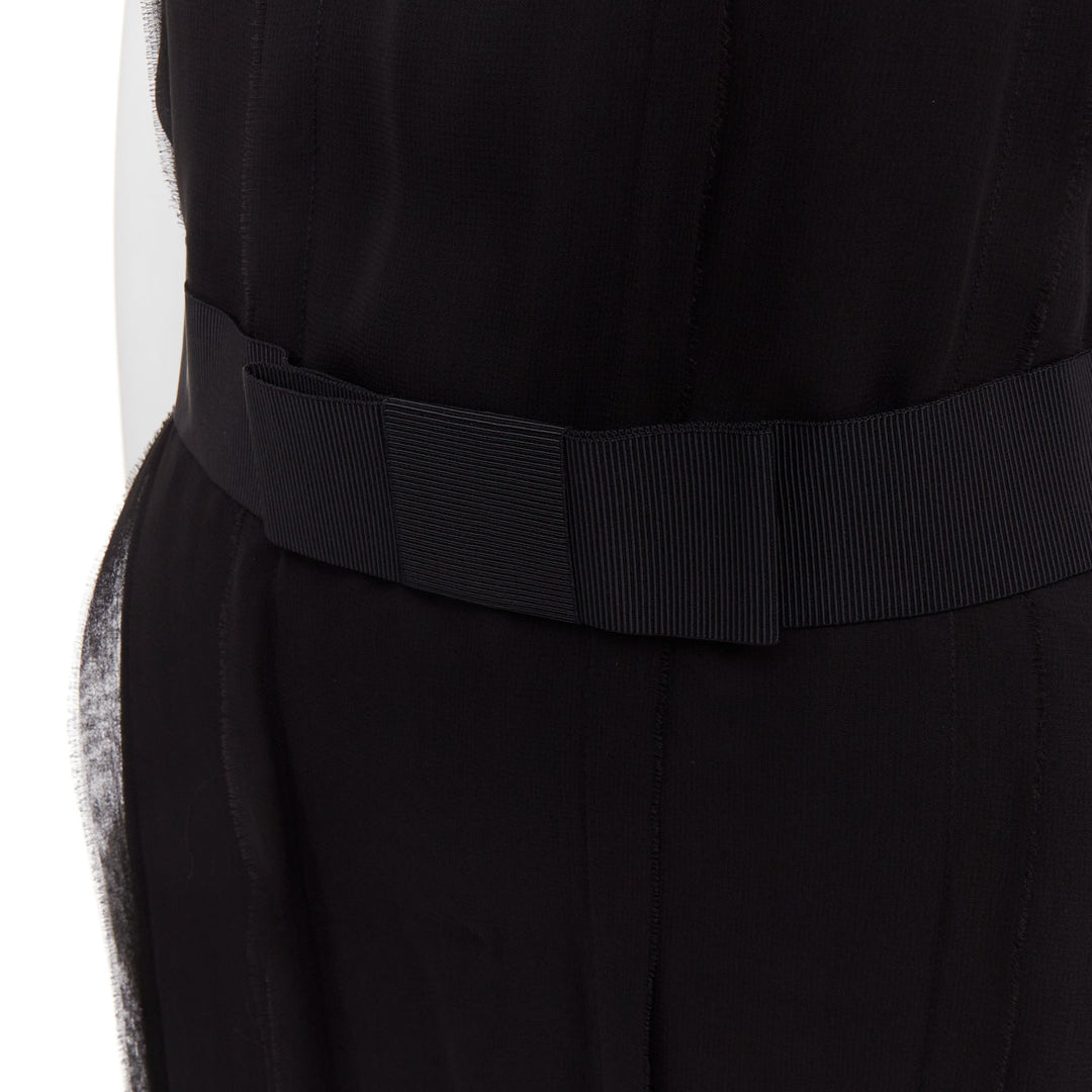 LANVIN black bamboo cotton crystal rhinestone belted dress M