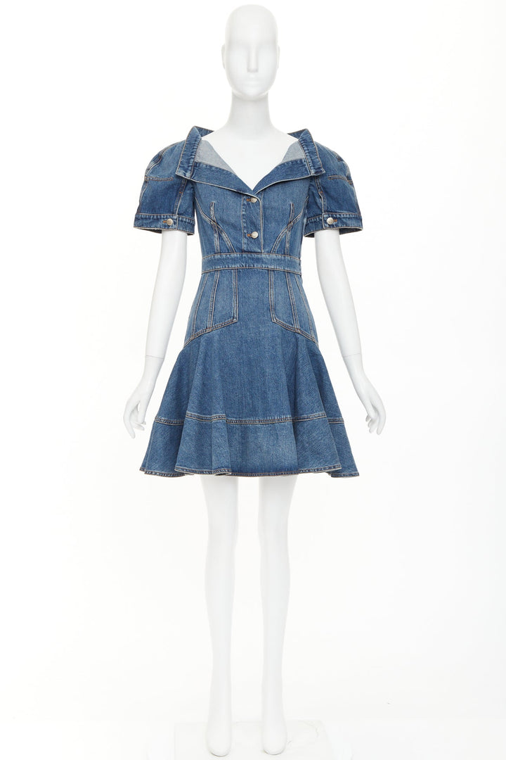 ALEXANDER MCQUEEN 2021 Runway blue denim open boat neck puff sleeve dress IT40 S