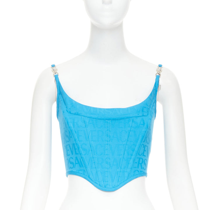 new VERSACE Medusa '95 Mediterranean Blue monogram boned bustier top IT38 XS