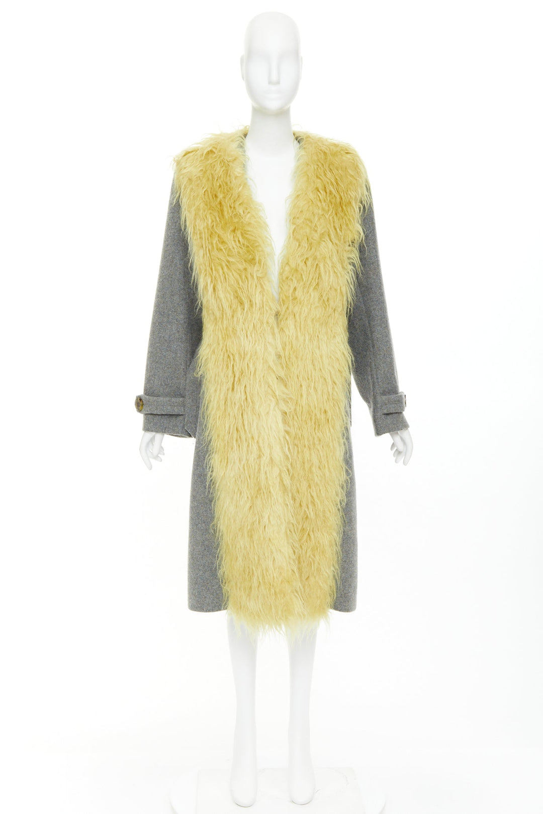 MIU MIU 2017 yellow faux shaggy fur grey wool XL buttons coat IT38 XS