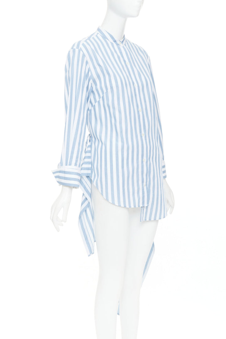 MONSE blue white striped cotton asymmetric hem draped dress shirt US0 XS