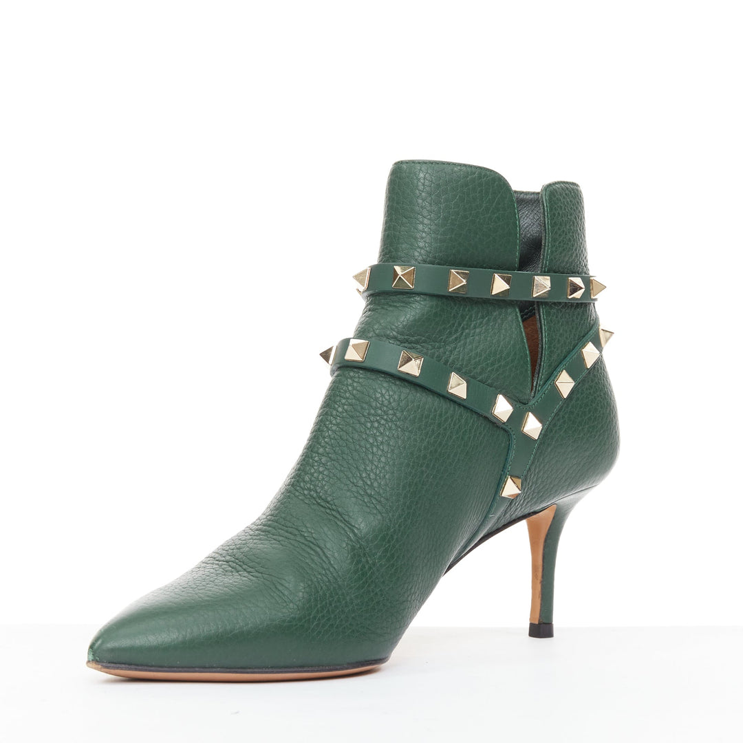 VALENTINO Rockstud green pebbled calf leather gold stud harness ankle boots EU37