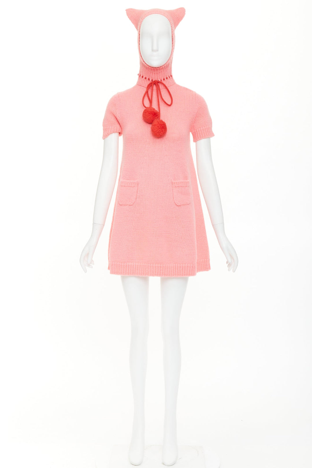 rare GUCCI 2021 Epilogue pink wool knit ear hooded pom pom embellished dress XS