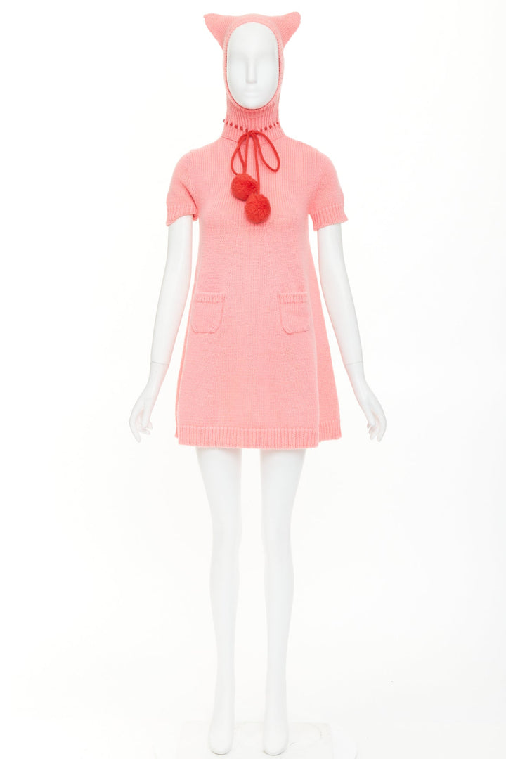 rare GUCCI 2021 Epilogue pink wool knit ear hooded pom pom embellished dress XS