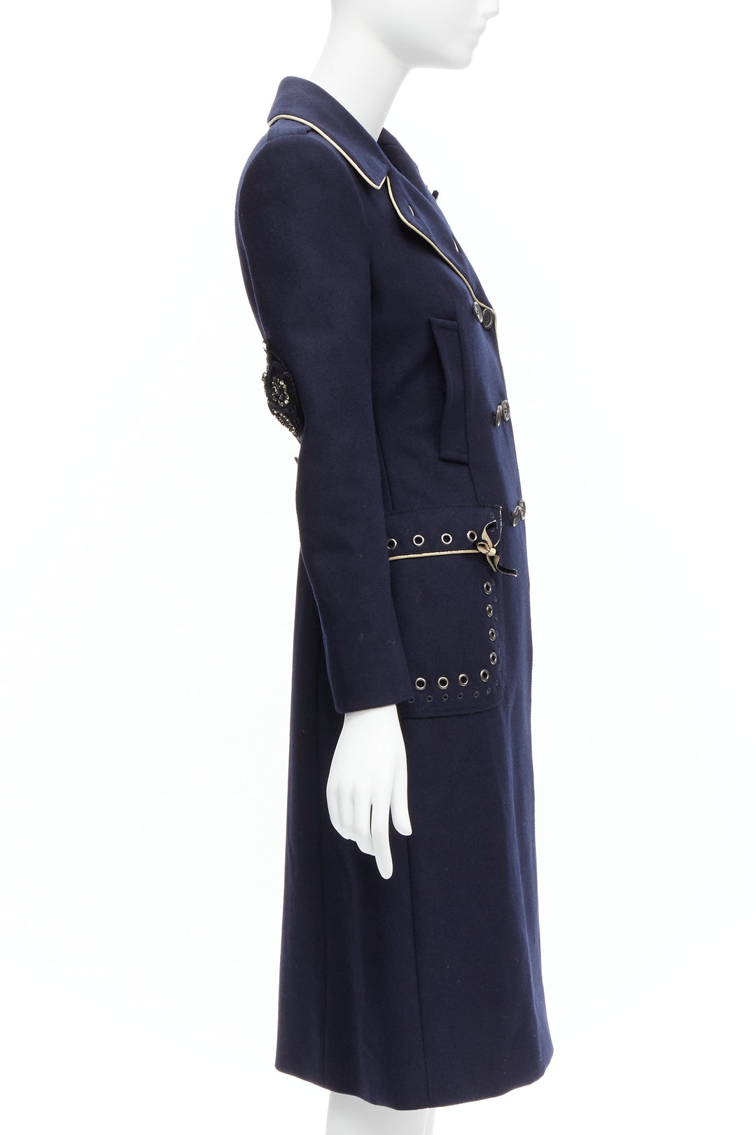 rare PRADA 2004 Runway navy wool grommet leather longline officer coat IT36 XXS