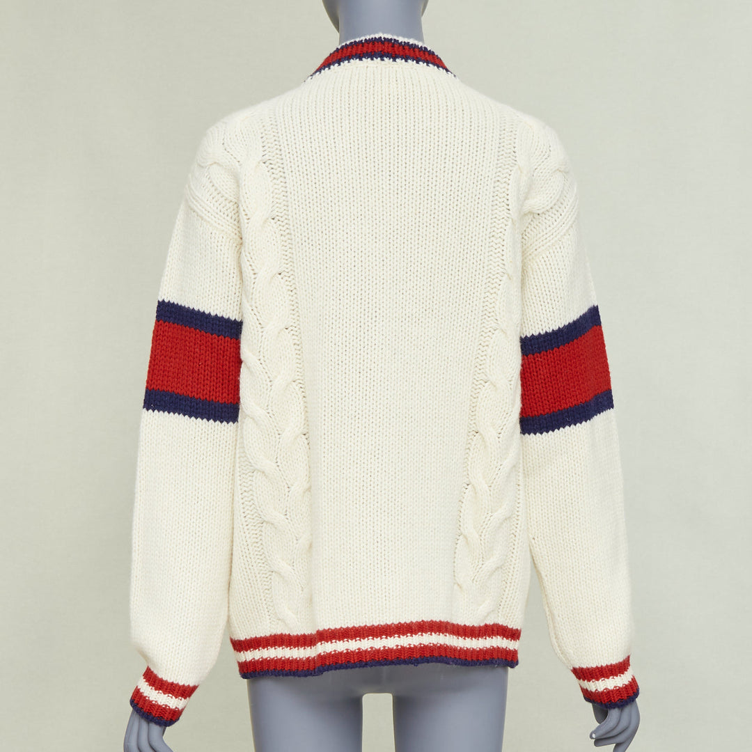 GUCCI 2018 Bosco Orso Year of Dog red cream wool needlepoint knit cardigan XXS