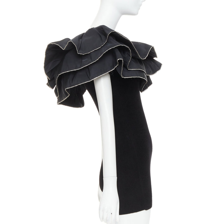 ALEXANDRE VAUTHIER 2024 black ribbed velour knit crystal trim ruffle mini dress