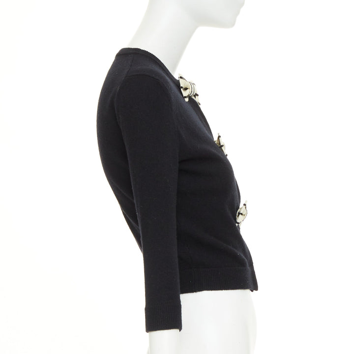 VALENTINO black virgin wool striped sequin trio bow knit cardigan XS