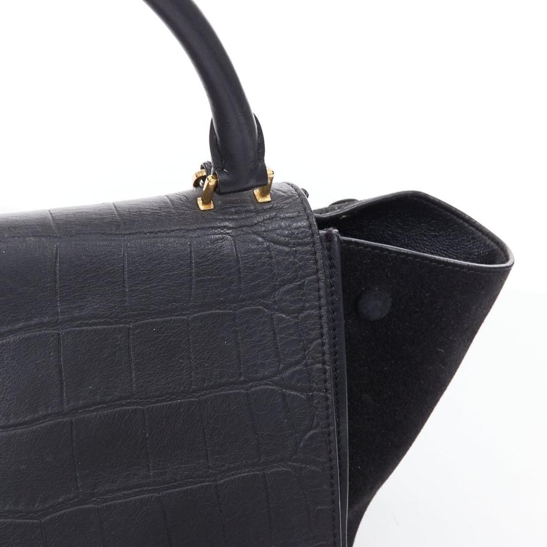 CELINE Phoebe Philo Trapeze black mock croc gold hardware tote bag