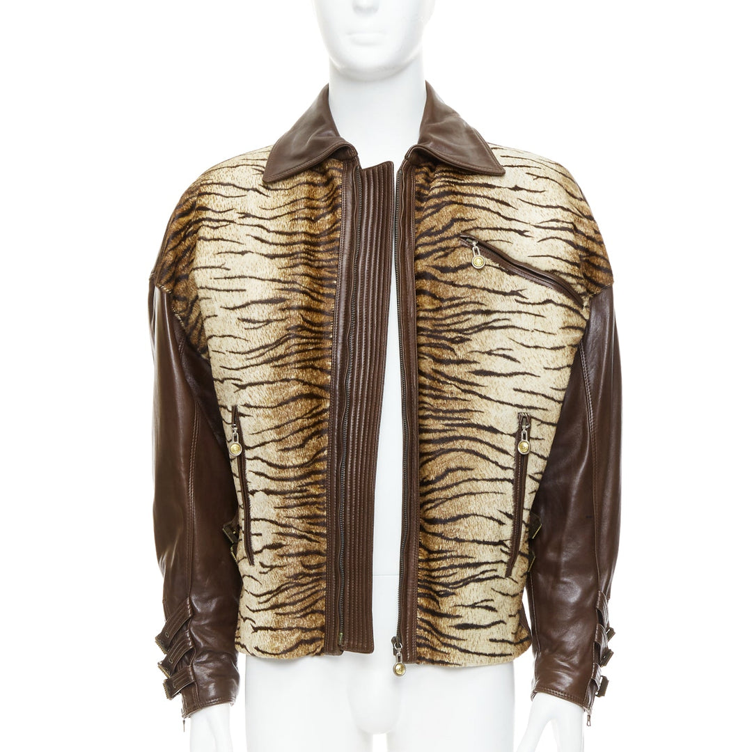 GIANNI VERSACE 1992 Vintage S&M bondage buckle Tiger bomber jacket IT48 M