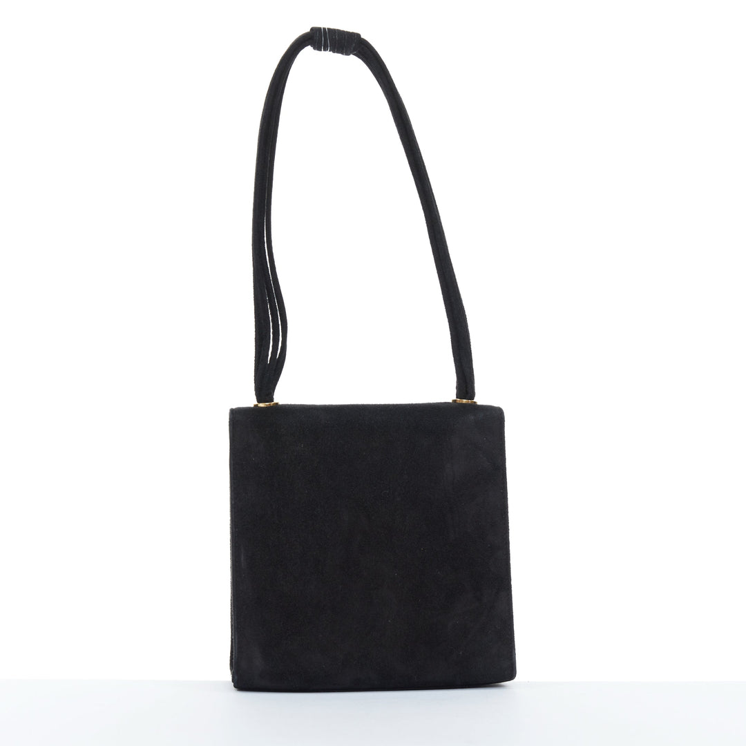 CHANEL 1994 Turnlock Flap Bag black suede triple strap vintage shoulder bag