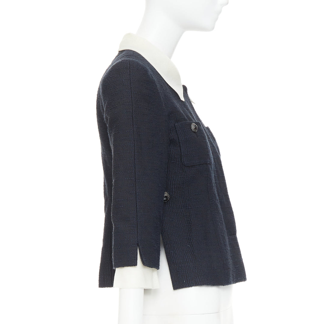 CHANEL 2010 Karl Lagerfeld Runway black cream silk trim collar crop coat FR36 S