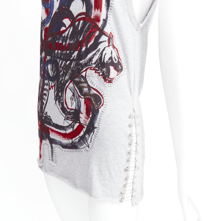 BALMAIN 2011  Christophe Decarnin Punk Graffiti silver pin ripped tank FR38 M