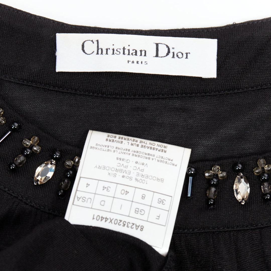 CHRISTIAN DIOR black 100% silk glass PVC beaded collar tshirt FR36 S