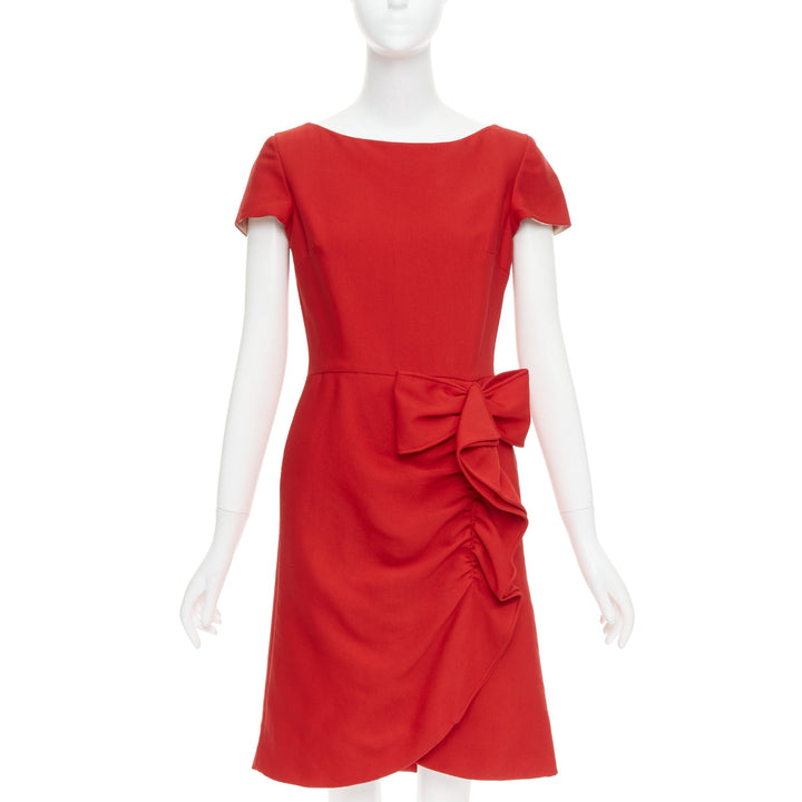 VALENTINO red silk ribbon bow ruffle drape cap sleeves dress US6 M