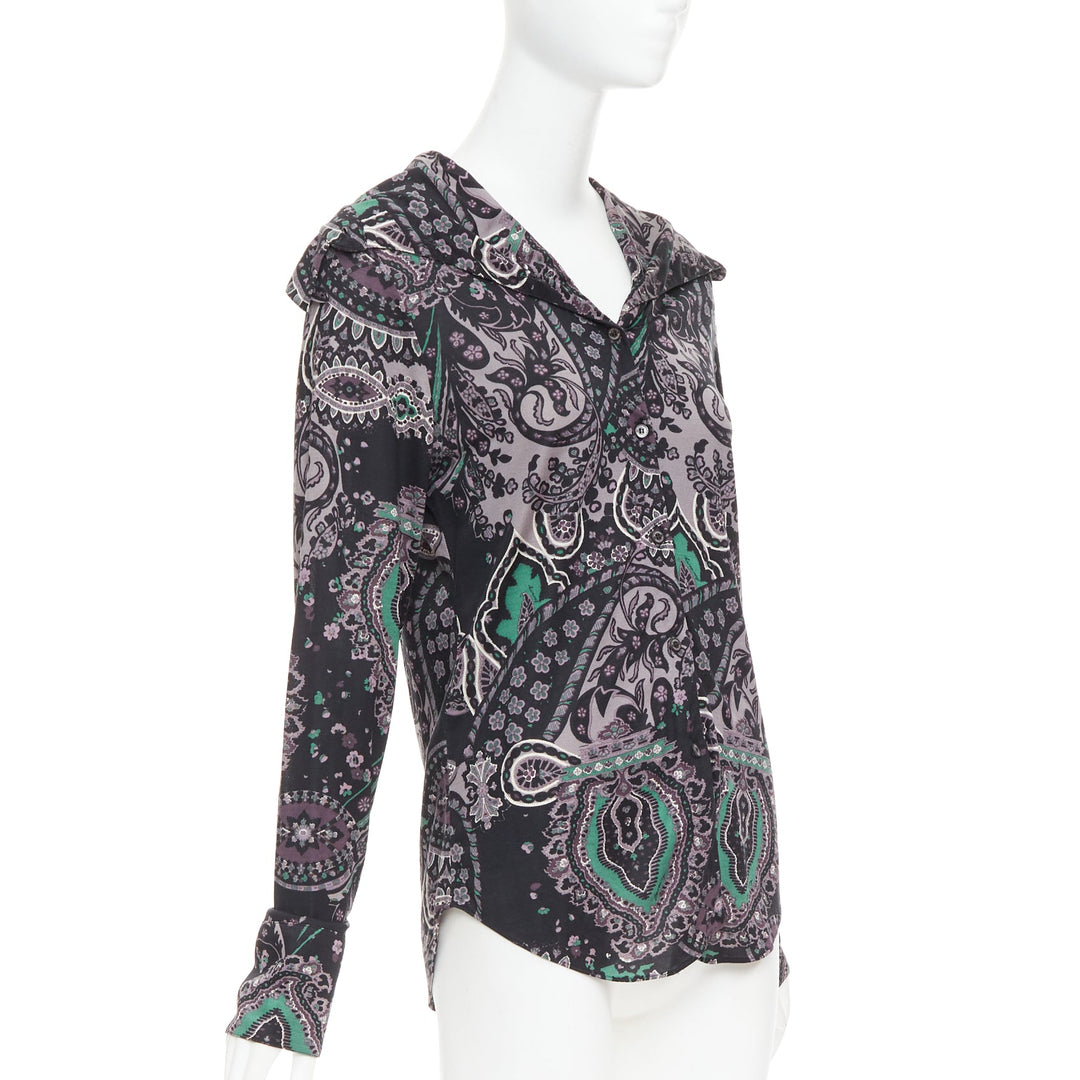 BURBERRY 100% silk black purple green grey paisley print dress shirt M