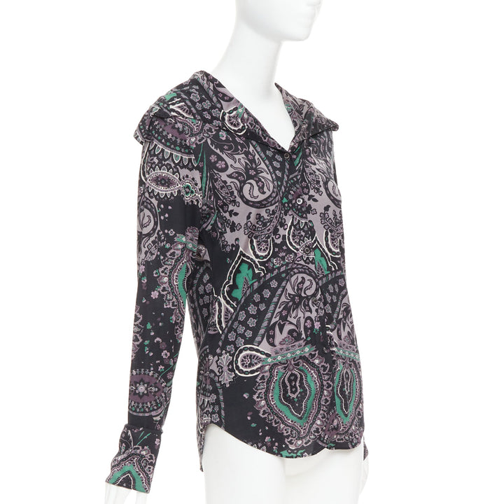 BURBERRY 100% silk black purple green grey paisley print dress shirt M