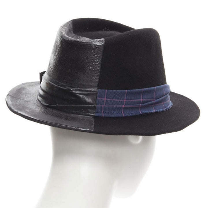 MAISON MICHEL black wool paint lacquered blue check ribbon fedora hat M 57cm