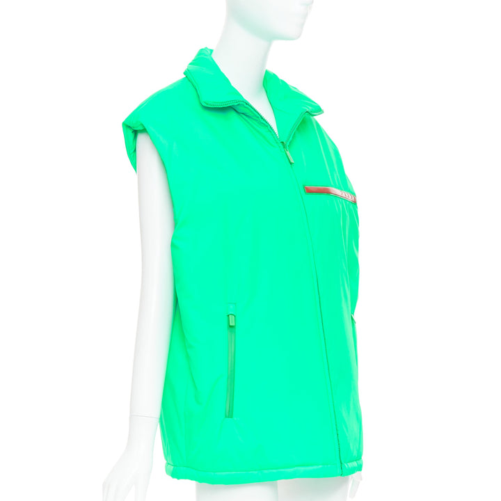 PRADA 2018 Linea Rossa Primaloft neon green nylon red logo puffer vest S