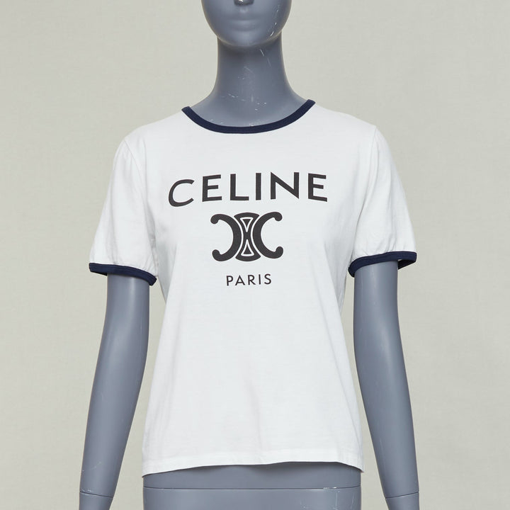 CELINE Triomphe cream navy cotton logo print crew neck ringer tshirt M