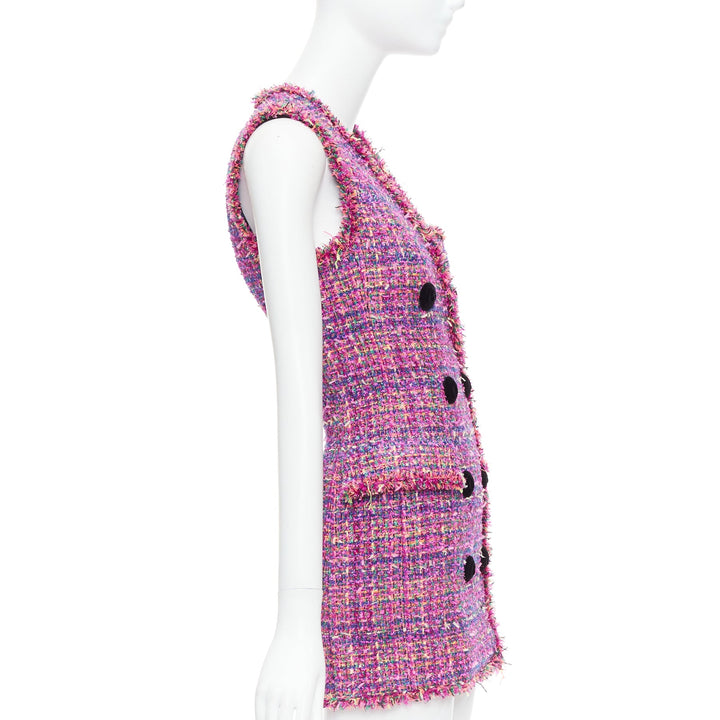 BALMAIN multicolor pink tweed black velvet buttons vest dress FR34 XS