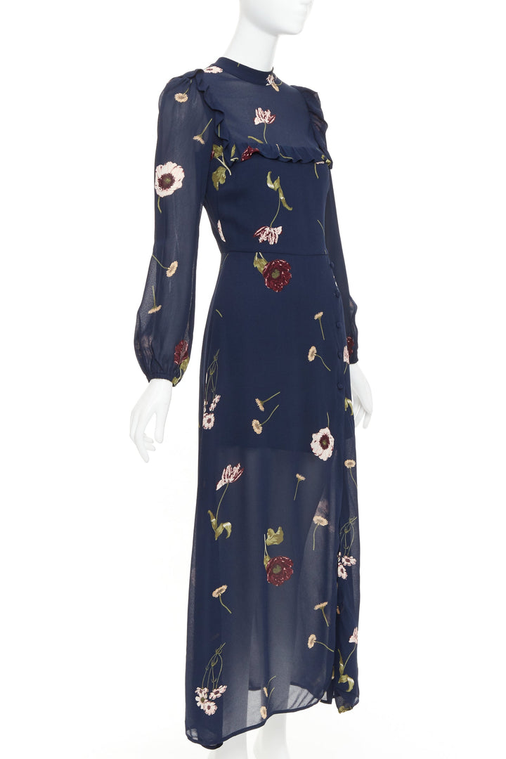 REFORMATION Gillian navy viscose floral print hi neck peasant dress US2 S
