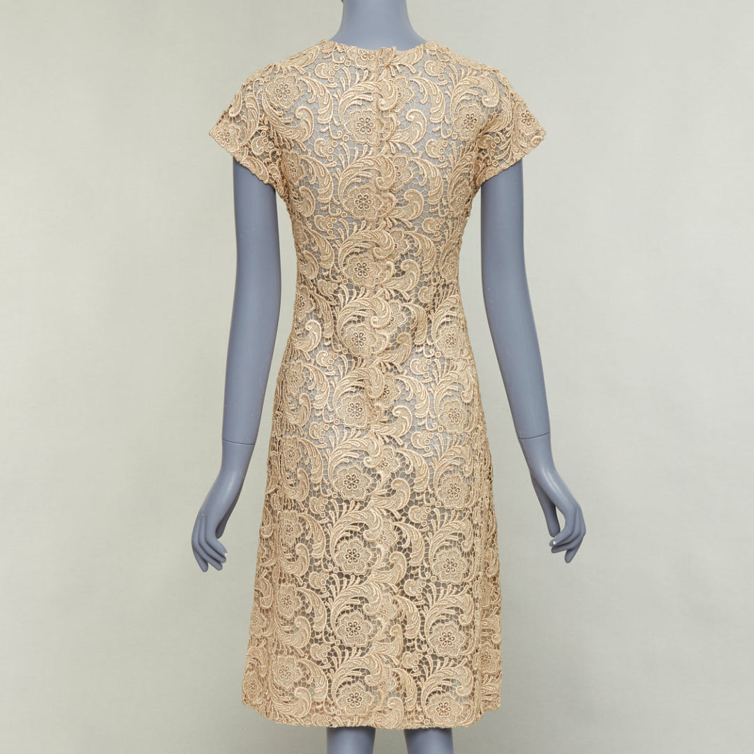 PRADA 2008 Vintage gold metallic 3D guipure lace cap sleeve dress IT38 XS