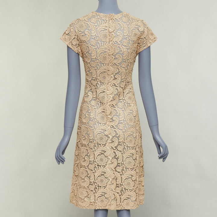 PRADA 2008 Vintage gold metallic 3D guipure lace cap sleeve dress IT38 XS