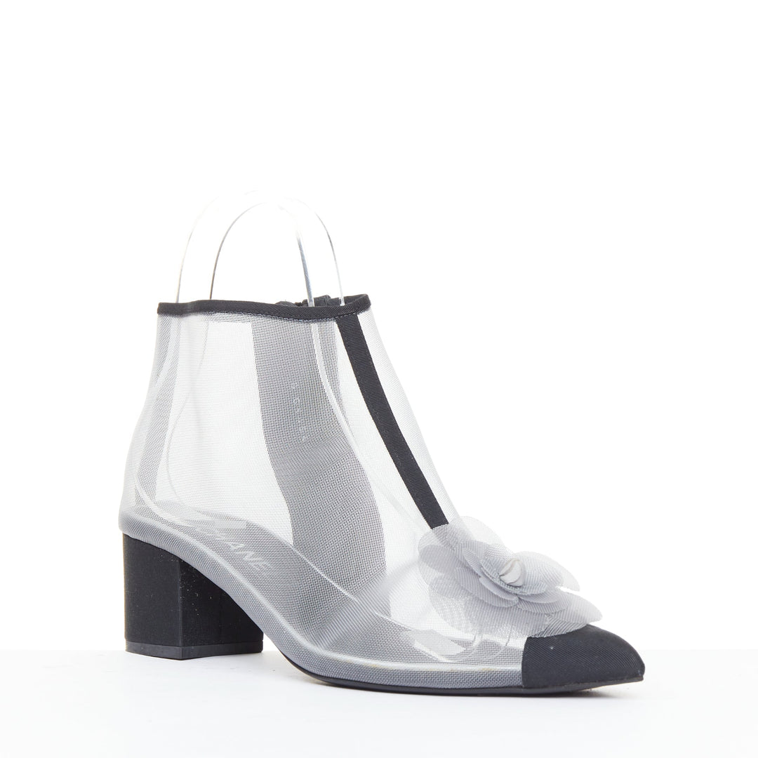 CHANEL 2019 sheer mesh black grosgrain Camelia embellished ankle boots EU38