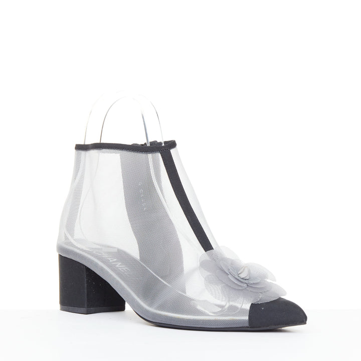 CHANEL 2019 sheer mesh black grosgrain Camelia embellished ankle boots EU38