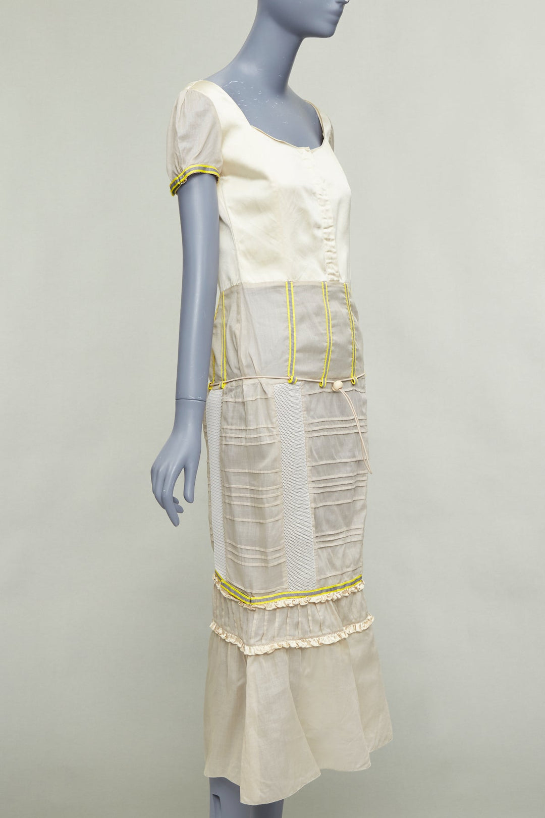 rare MIU MIU 1999 Runway beige technical patchwork satin neon trim dress IT44 L
