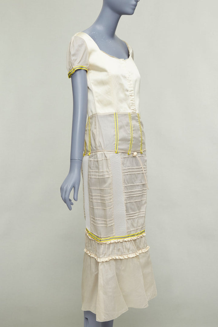 rare MIU MIU 1999 Runway beige technical patchwork satin neon trim dress IT44 L