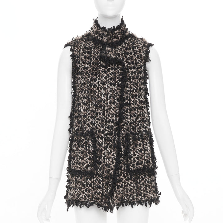 LANVIN 2012 Les 10 Ans beige black wool blend boucle tweed pocketed vest FR34