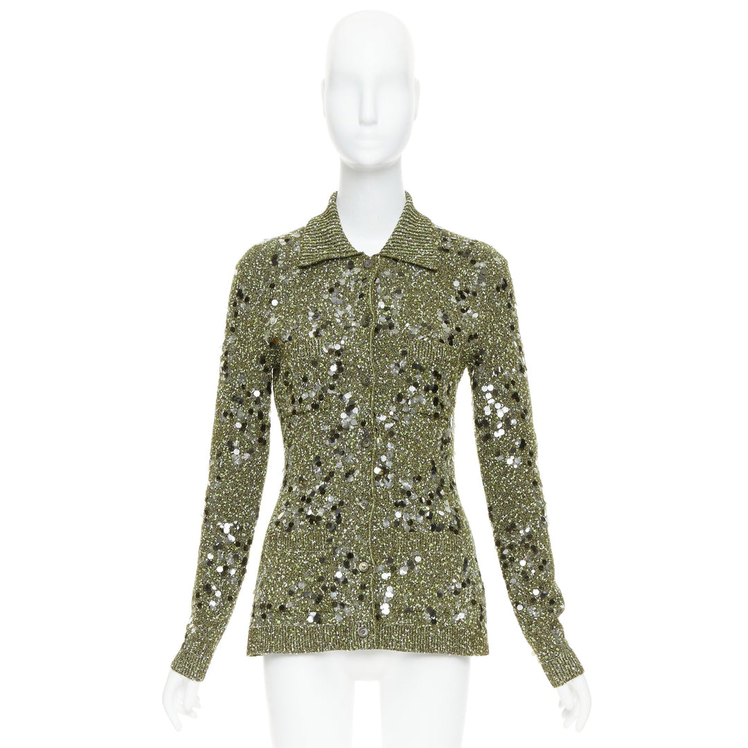 GUCCI De Sarno dark green boucle knit multi pailettes cardigan S