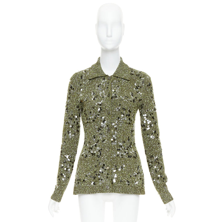 GUCCI De Sarno dark green boucle knit multi pailettes cardigan S