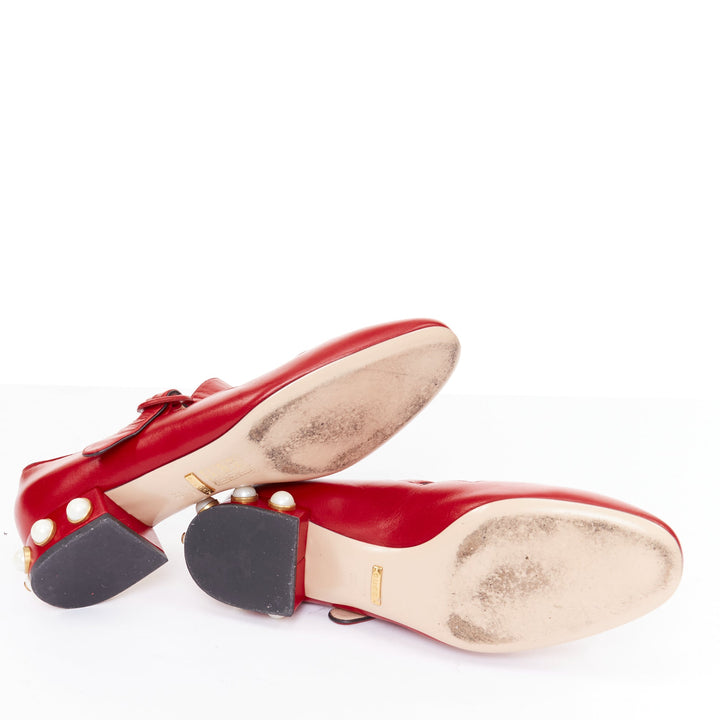 GUCCI Willow red calf leather GG pearl embellished scalloped maryjane shoes EU38