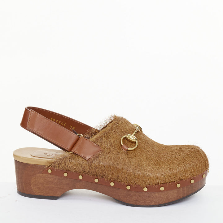 GUCCI 2015 brown calf hair horsebit studded slingback wood clogs EU38