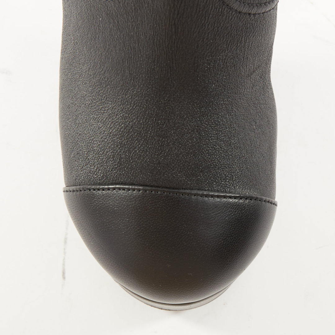 CHANEL 2024 black stretch leather cap toe platform block knee high boots EU38.5C